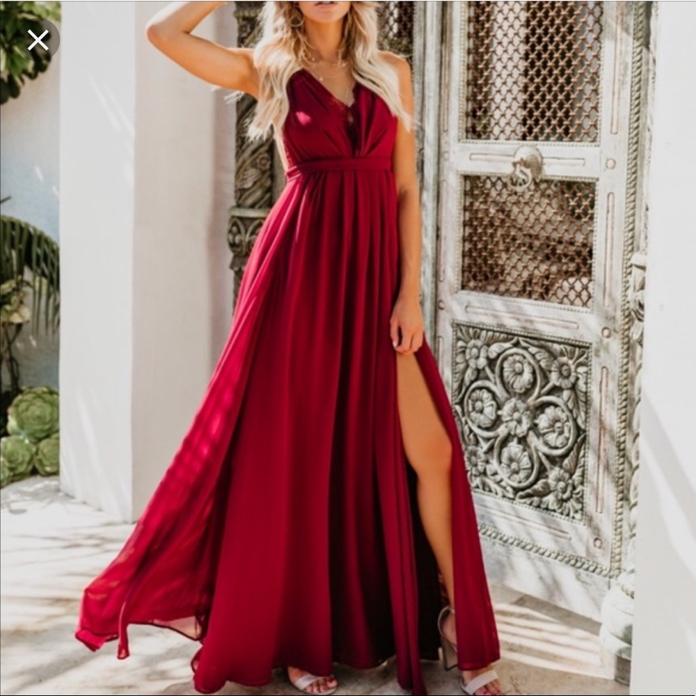 VICI formal maxi dress with lace neckline in Wine